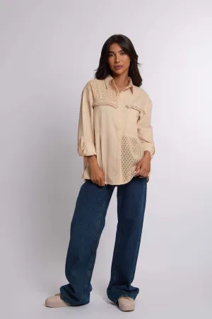 Women Blouse Lace Shirt With Long Sleeves Beige