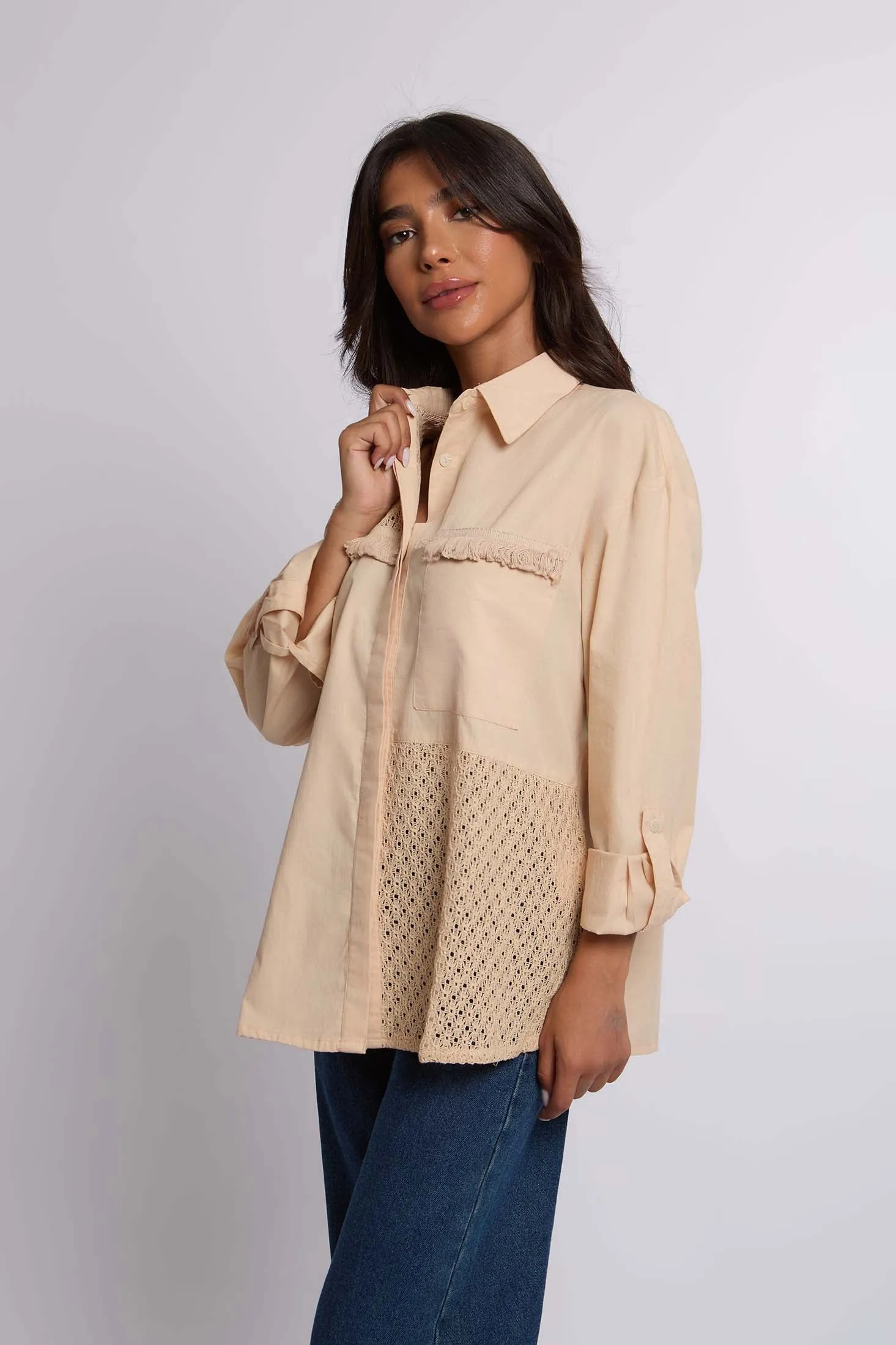 Women Blouse Lace Shirt With Long Sleeves Beige