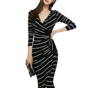 Women Dress Fashion Slim OL Stripe V-neck Long Sleeve Elegant Bodycon Dresses WQL3932