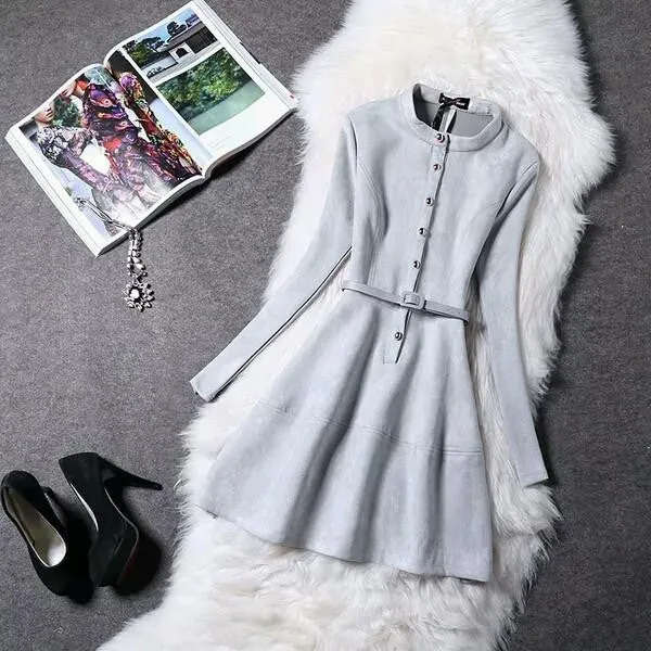 Women Dress Long Sleeve Suede Spring Elegant Casual Bodycon Prom Party Dress Slim Vestidos