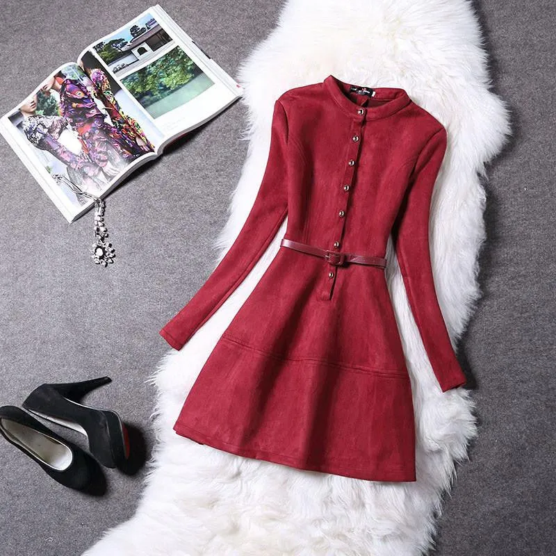 Women Dress Long Sleeve Suede Spring Elegant Casual Bodycon Prom Party Dress Slim Vestidos