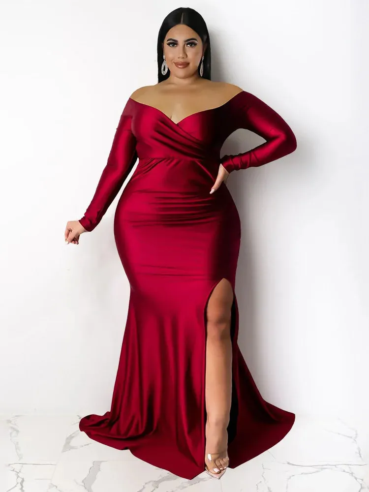 Women Off Shoulder V Neck Slip Hem Elegant Birthday Outfit Maxi Dress