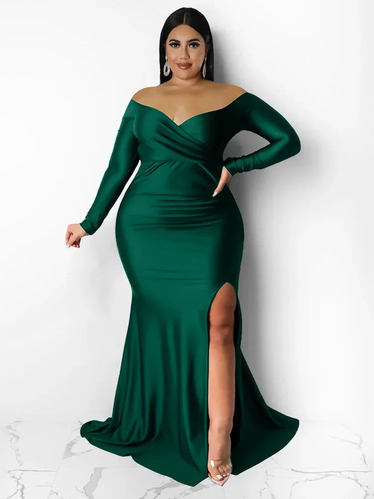 Women Off Shoulder V Neck Slip Hem Elegant Birthday Outfit Maxi Dress