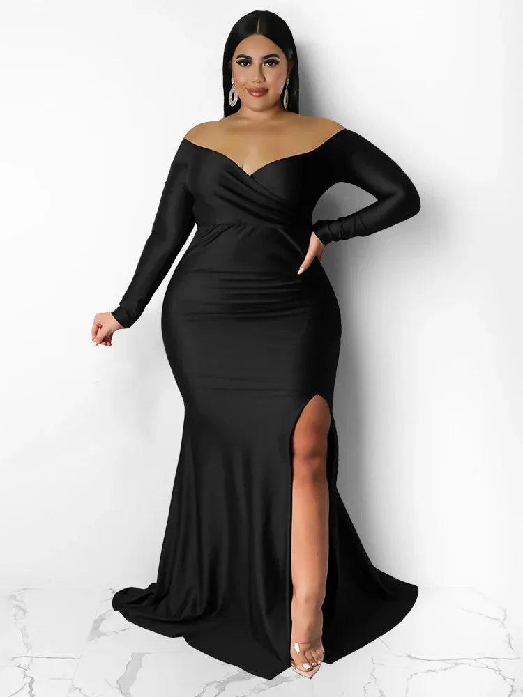 Women Off Shoulder V Neck Slip Hem Elegant Birthday Outfit Maxi Dress