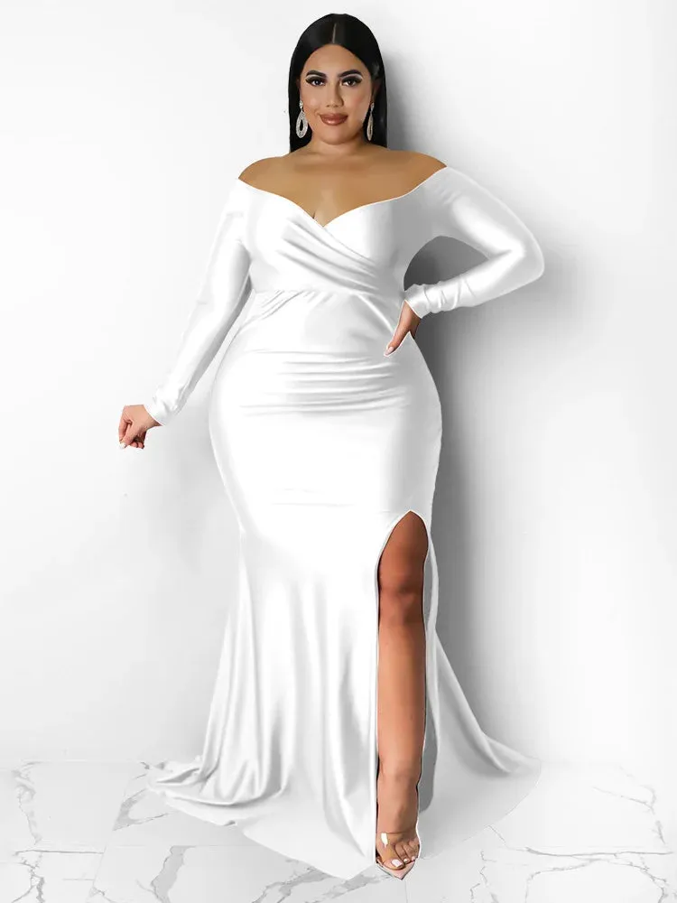 Women Off Shoulder V Neck Slip Hem Elegant Birthday Outfit Maxi Dress