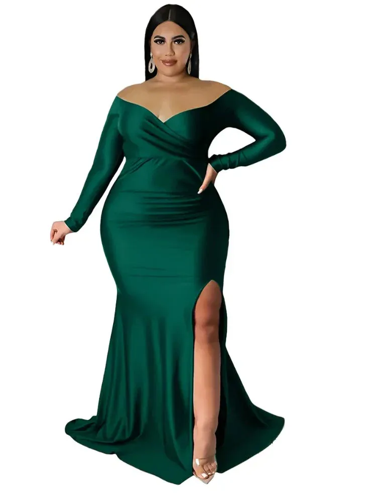 Women Off Shoulder V Neck Slip Hem Elegant Birthday Outfit Maxi Dress