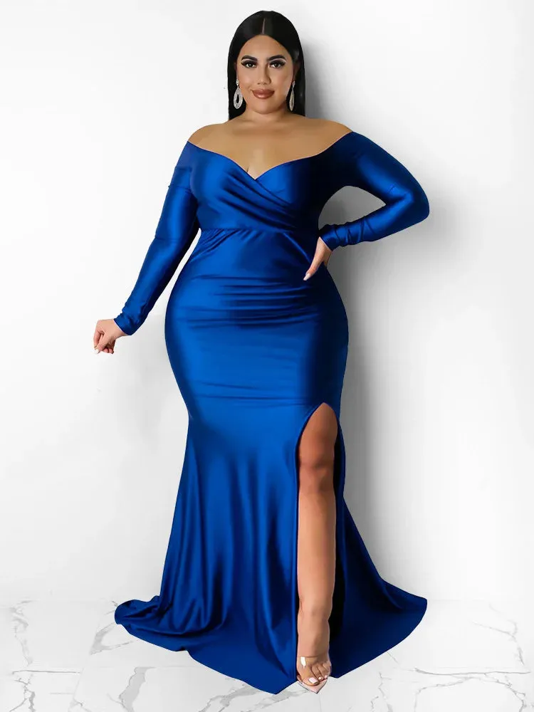 Women Off Shoulder V Neck Slip Hem Elegant Birthday Outfit Maxi Dress